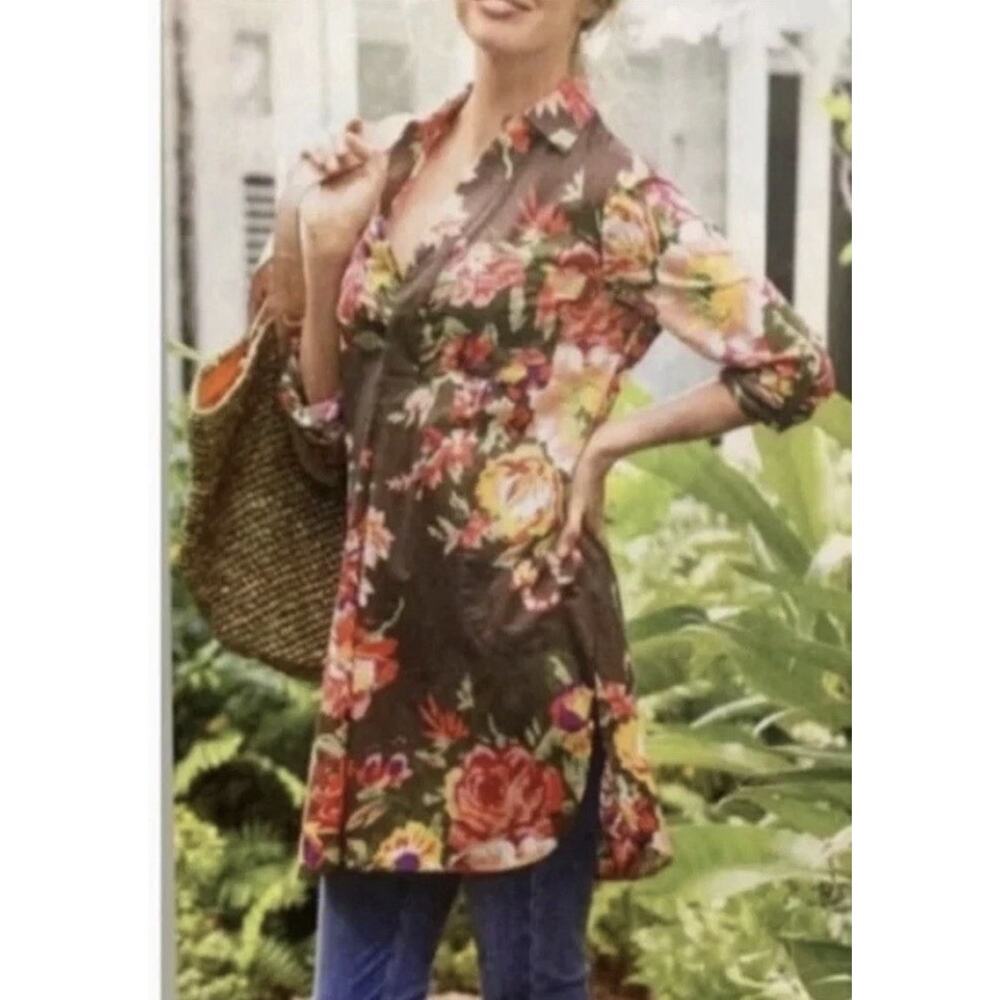 Soft Surroundings Sz M Brown Floral Tunic Pockets Roll Tab Sleeves Collar Prep